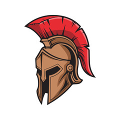 Spartan helmet illustration – gold and brown armor with dramatic red plume for warrior branding, historical themes, and bold identity design.