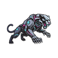 Robotic panther illustration – cybernetic limbs, glowing blue-pink accents, and aggressive pose for tech-animal branding, gaming mascots, and futuristic design.