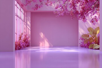 Bright Modern Studio with Pink Blossoms and Large Window in Soft Purple Light