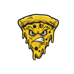 Angry pizza slice illustration – cartoon face with clenched teeth, dripping cheese, and pepperoni for edgy food branding, stickers, and humorous design.