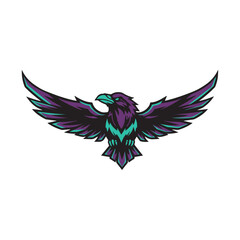 Raven in flight illustration – dark purple wings, teal accents, and fierce symmetry for fantasy branding, gaming mascots, and bold identity design.