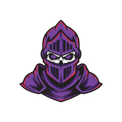 Purple knight helmet illustration – glowing white eyes, pointed visor, and bold armor for gaming, fantasy branding, and warrior-themed identity design.