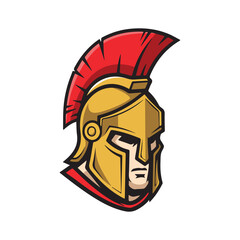 Spartan helmet illustration – gold armor with red plume and stern face in bold graphic style for warrior branding, historical themes, and identity design.