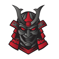 Samurai mask illustration – black and red armor with horned helmet, glowing eyes, and fierce grin for warrior branding, Japanese culture, and graphic identity.