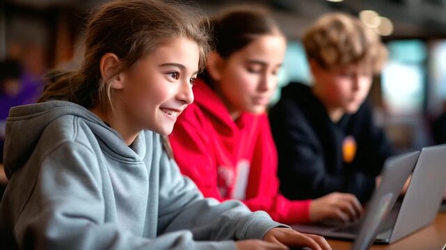 Youth group in church hall sharing Bible verses via social media posts on laptops group laughing and discussing digital outreach printed youth Bibles on tables energetic