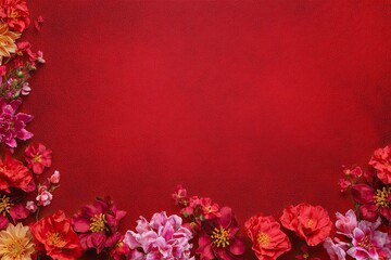 Colorful Flower Border on Red Background with Texture for Celebrations or Invitations