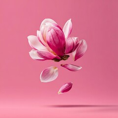 Pink Magnolia Flower Blooming with Petals Falling in Soft Pink Background