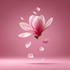 Pink Magnolia Flower Blooming with Falling Petals on Soft Pink Background