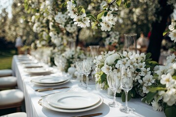 Elegant Outdoor Dining Table Set with White Flowers and Glassware for Garden Event