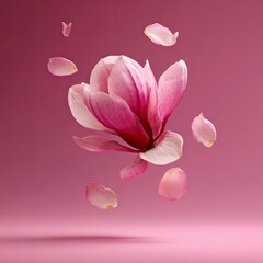 Pink Magnolia Flower Petals Falling with Soft Pink Background