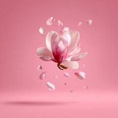 Magnolia Flower Blooming with Falling Petals on Soft Pink Background