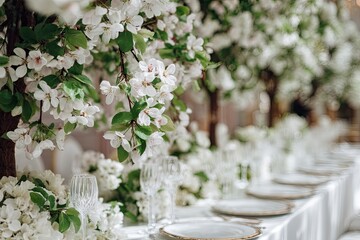 Elegant Outdoor Dining Table with White Floral Decor and Glassware in Garden Setting
