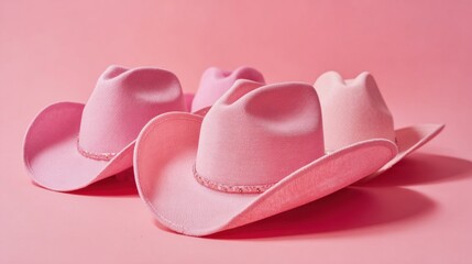 Colorful pink cowboy hats are arranged artistically showcasing their shape and texture against pink hues.