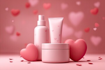 Pink Cosmetic Bottles and Jars with Heart Decorations for Romantic Skincare Products