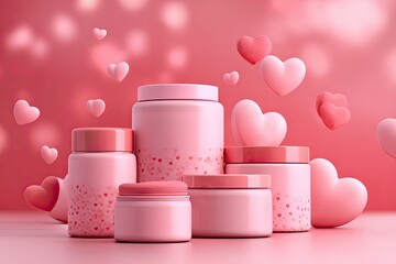 Pink Cosmetic Jars with Floating Hearts Romantic Background for Beauty and Skincare Products