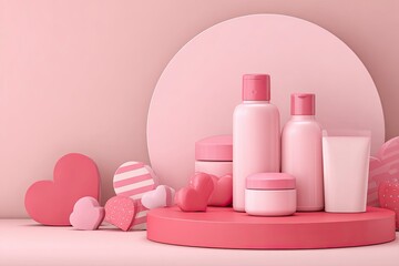 Pink Cosmetic Bottles and Containers Displayed on Pink Platform with Heart Shapes and Geometric Decor