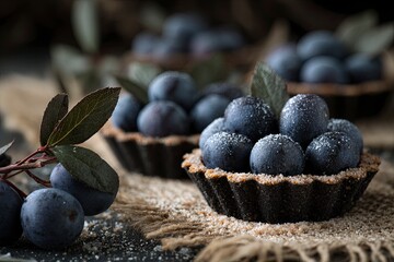 Fresh Blueberry Tart in Rustic Setting with Frosted Berries and Green Leaves