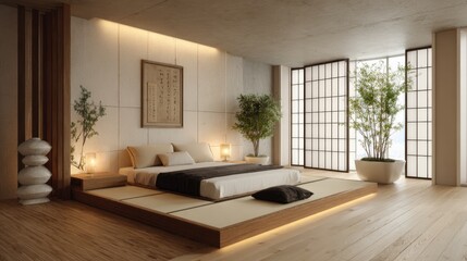japandi bedroom with tatami floor, shoji screens, low platform bed, warm ambient lighting, minimalist aesthetic
