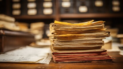A stack of aged yellowed papers rests on a wooden table amid a cluttered archive evoking nostalgia.