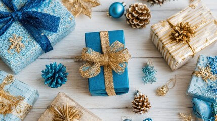 Fototapeta premium Beautifully wrapped gifts in blue and gold surround small ornaments creating a festive atmosphere.