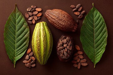 Cacao Beans and Leaves Arrangement on Brown Background Natural Botanical Composition
