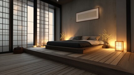 japandi bedroom with tatami floor, shoji screens, low platform bed, warm ambient lighting, minimalist aesthetic