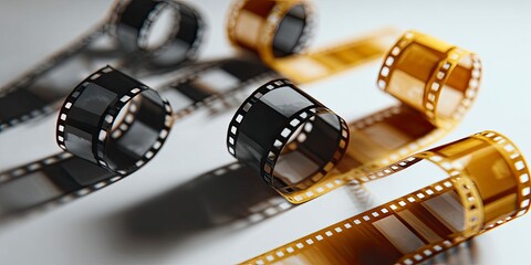 Black and Gold Film Strips Curled on White Background Artistic Photography