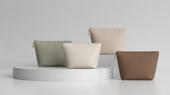 Four cosmetic pouches in muted tones displayed on a white podium and surface makeup bag toiletry bag