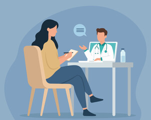Woman in Virtual Doctor Consultation, telemedicine, remote healthcare, patient-doctor interaction, online medical advice, digital health consultation