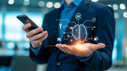 Professional businessman using smartphone with glowing AI brain hologram, symbolizing innovation and future technology in a modern office setting.