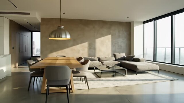 Interior Design Modern Space with Kitchen, Living Room, and Dining Area in 4K UHD A thoughtfully designed setting featuring a harmonious blend of living areas, including a large kitchen.