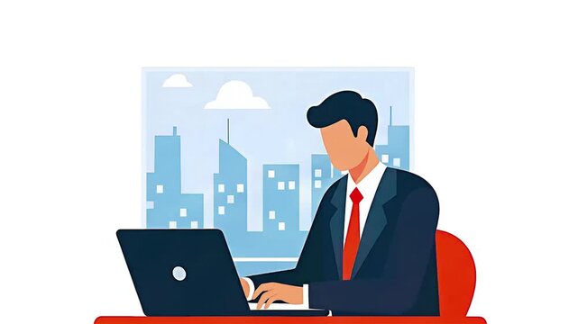 Modern Flat Vector of Male- Remote/Home Office Worker in Urban Settings &ndash;Typing on Laptop