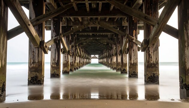 Low angle under wooden pier, ocean water reflecting the pier structure; muted sky in the distance