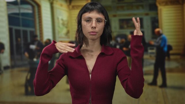 Young woman with glasses in maroon sweater extends hands among travellers at airport; confidence and clarity.
