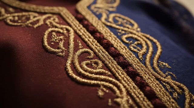 Close-up reveals intricate gold embroidery on a luxurious garment. Traditional design features rich blue and maroon fabric with detailed patterns.