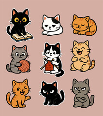 Funny and Cute Cartoon Cat Stickers Collection &ndash; Adorable Illustrated Cats in Various Emotions and Activities
