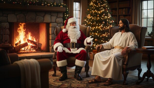 Santa Claus and Jesus Christ Chatting by the Fireplace on Christmas Eve