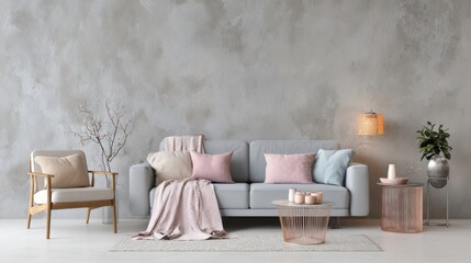 minimalist living room with concrete wall, pastel soft textiles, cozy scandi style, warm lighting