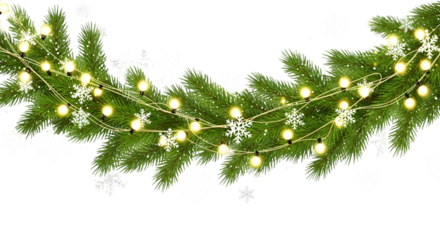 Christmas Garland with Lights and Snowflakes on Black Background graphic isolated on a transparent background