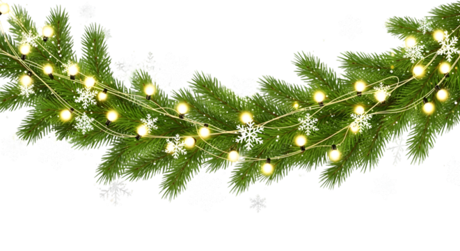 Christmas Garland with Lights and Snowflakes on Black Background graphic isolated on a transparent background