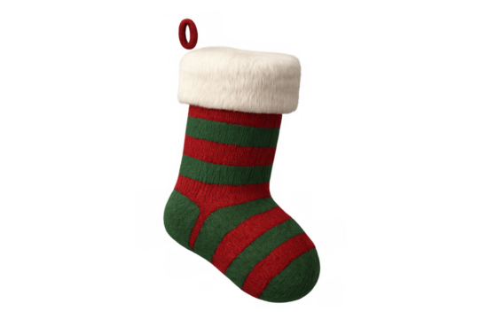 Christmas stocking with red and green stripes, soft white cuff, celebrating holiday season, transparent background