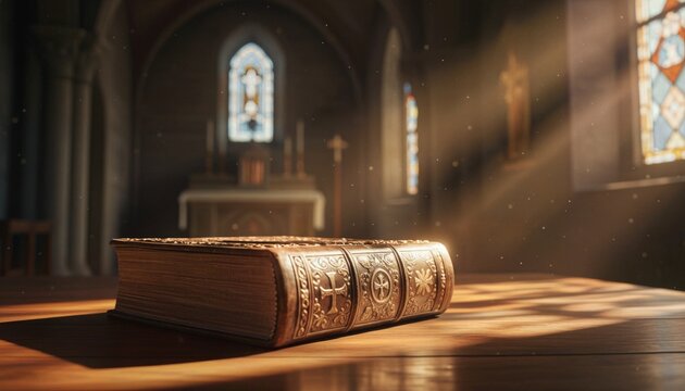 Antique Bible on a wooden table inside a church with sunlight