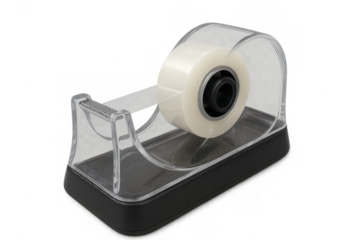 Clear adhesive tape dispenser with plastic body and transparent tape roll for desk and office supplies