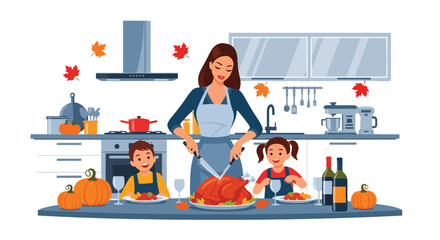 Flat vector of mother cooking Thanksgiving meal together in kitchen with her children, teamwork and love theme in cozy autumn setting