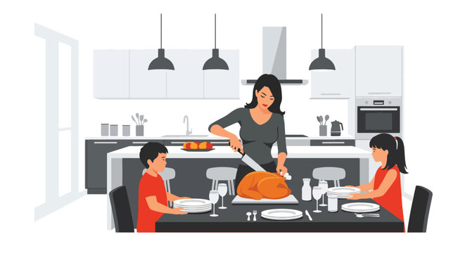 Flat vector of mother cooking Thanksgiving meal together in kitchen with her children, teamwork and love theme in cozy autumn setting