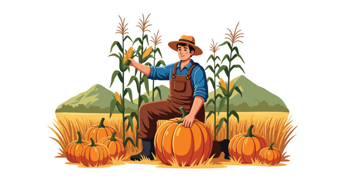 Flat vector of farmer harvesting pumpkins and corn in golden autumn field, Thanksgiving harvest gratitude theme, solid vivid tones - Powered by Adobe