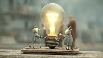 Whimsical Collaboration Ignites: Miniature Figures Orchestrating the Spark of a Giant Light Bulb in a charming stylized setting