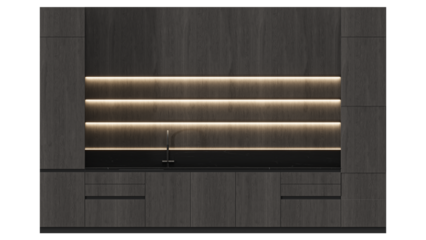 Modern dark kitchen interior with wood panels and LED strip lighting, minimalist design background
