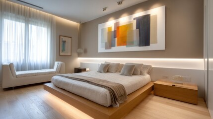 neutral tone bedroom with modern art poster above bed, built in ambient lighting, clean layout