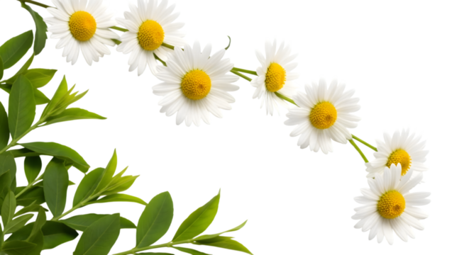 White Daisy Flowers and Green Leaves Border on Black Background white flower yellow center isolated on a transparent background